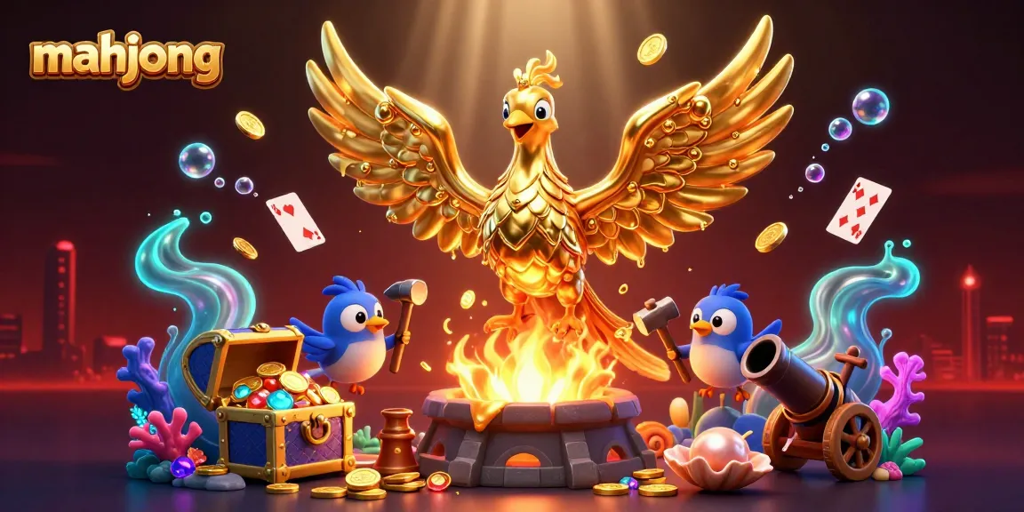 Engage in Mahjong with a spectacular illustration of golden phoenix and sparrow assistants amidst vibrant gaming elements.