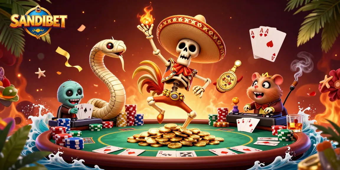 Win big with SANDIBET's engaging casino scene featuring lively characters and poker elements.