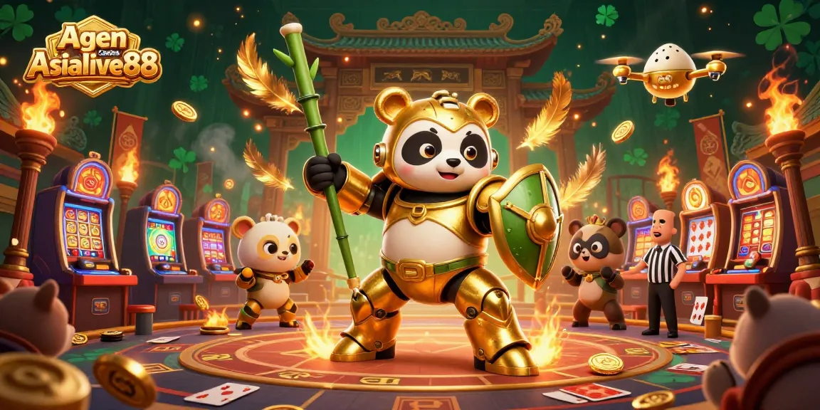 Agen Casino Asialive88 showcases a lively scene with a golden panda in a mech-suit battling in a vibrant casino arena.