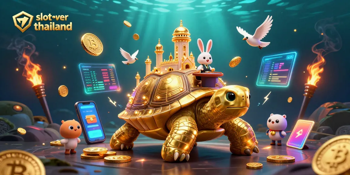 Engage with the vibrant slot server thailand scene featuring golden tortoise and rabbit dealer amidst flying coins and neon elements.