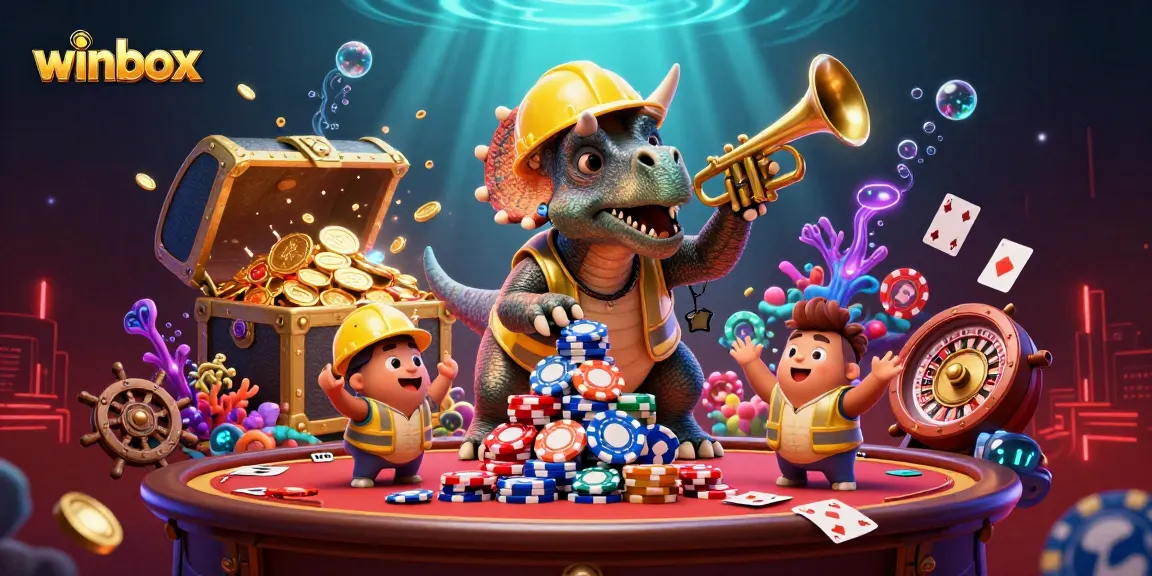 Winbox casino illustration with triceratops and poker elements celebrating high-stakes gaming.
