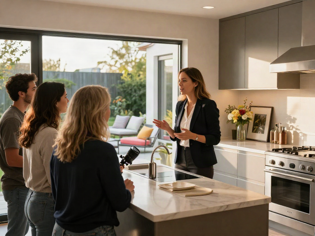 Real estate agent explaining luxury home features during an open house event, highlighting slot 10k properties.