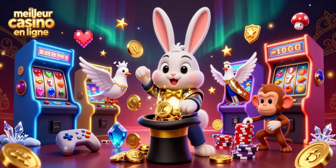 Visuel captivant du meilleur casino en ligne illustrant un magicien et des pièces d'or, entouré de machines de jeu dynamiques.