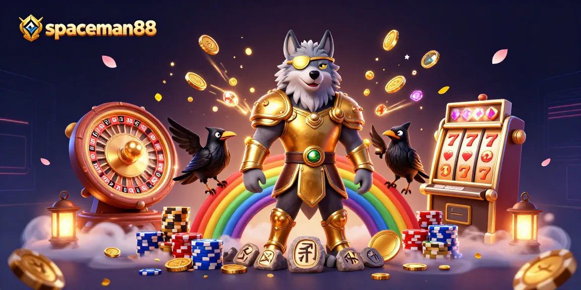 Experience wins with spaceman88 at the center of a lively 3D casino scene filled with slot machines and vibrant colors.