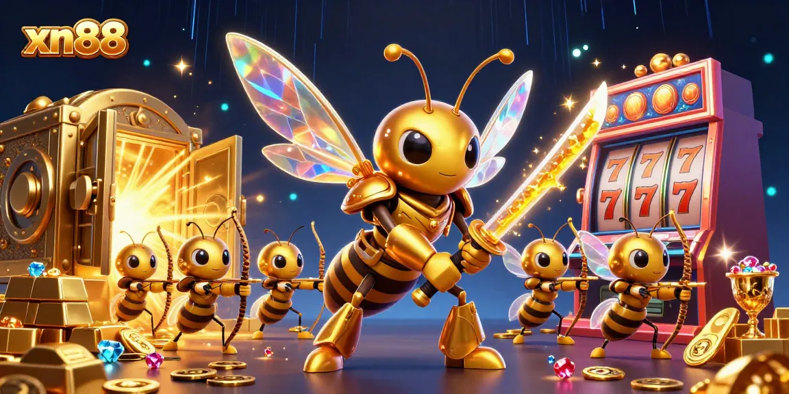 Xn88's engaging scene with a golden hornet and bee archers amid slot machine elements.