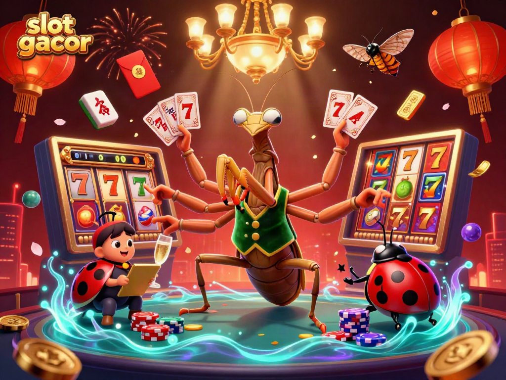 Experience the thrill of slot gacor with vibrant characters and dynamic elements in a lively casino scene.